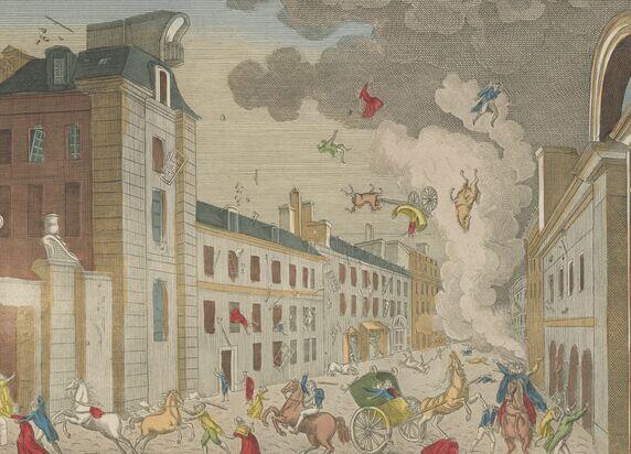 Vue de l'explosion de la machine infernale rue St Nicaise à Paris, 1800 Vue de l'explosion de la machine infernale rue St Nicaise à Paris, 1800