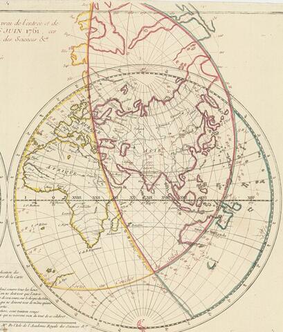 Delisle, Mappemonde sur laquelle on a marqué les heures et le minutes du temps vrai de l'entrée et de la sortie du centre de Vénus sur le disque du soleil... le 6 juin 1761